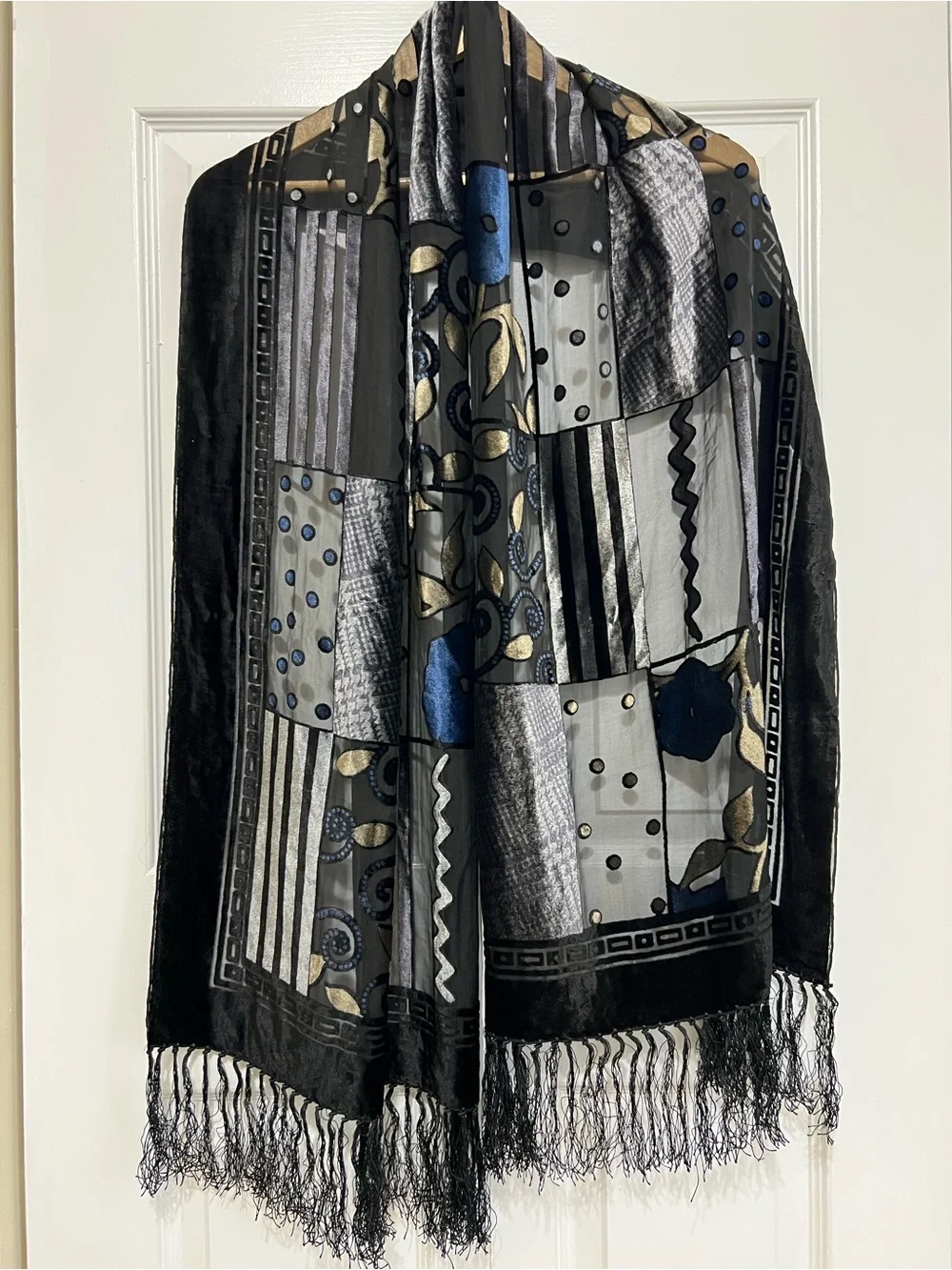 Silk/Rayon Black Burnout Velvet Patterned Fringe Detail Long Scarf Shawl
